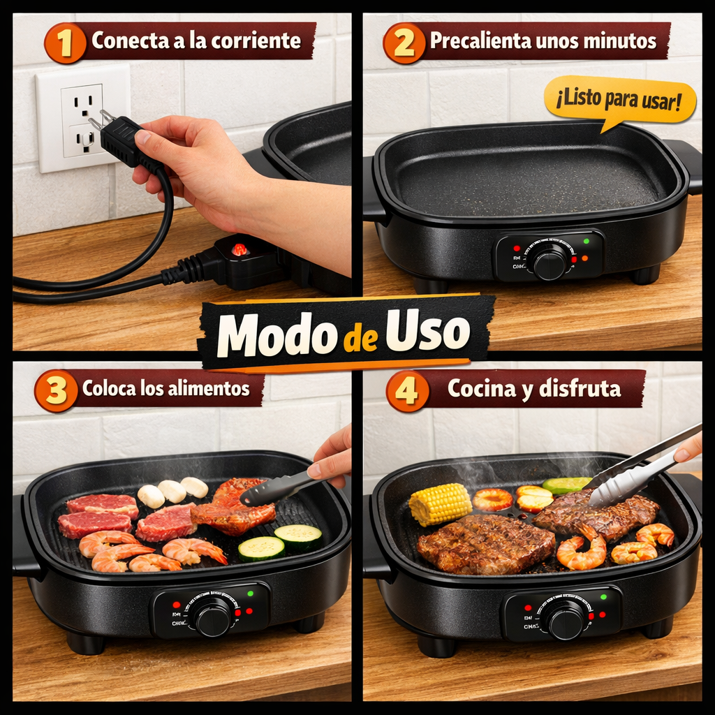 Sartén Eléctrico Parrilla – Cocina Sin Humo – Disfruta Asados en Minutos