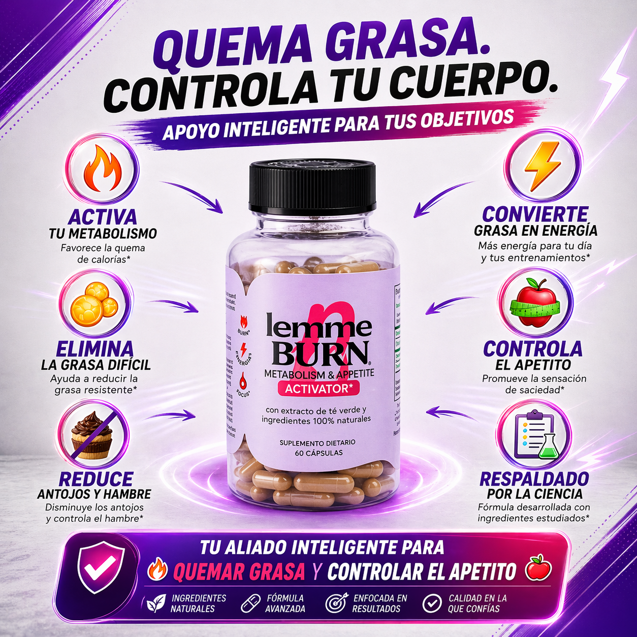 1 Botella Lemme Burn, Quema Grasa, Activa Metabolismo Y Eleva Energía, 60 Cápsulas.