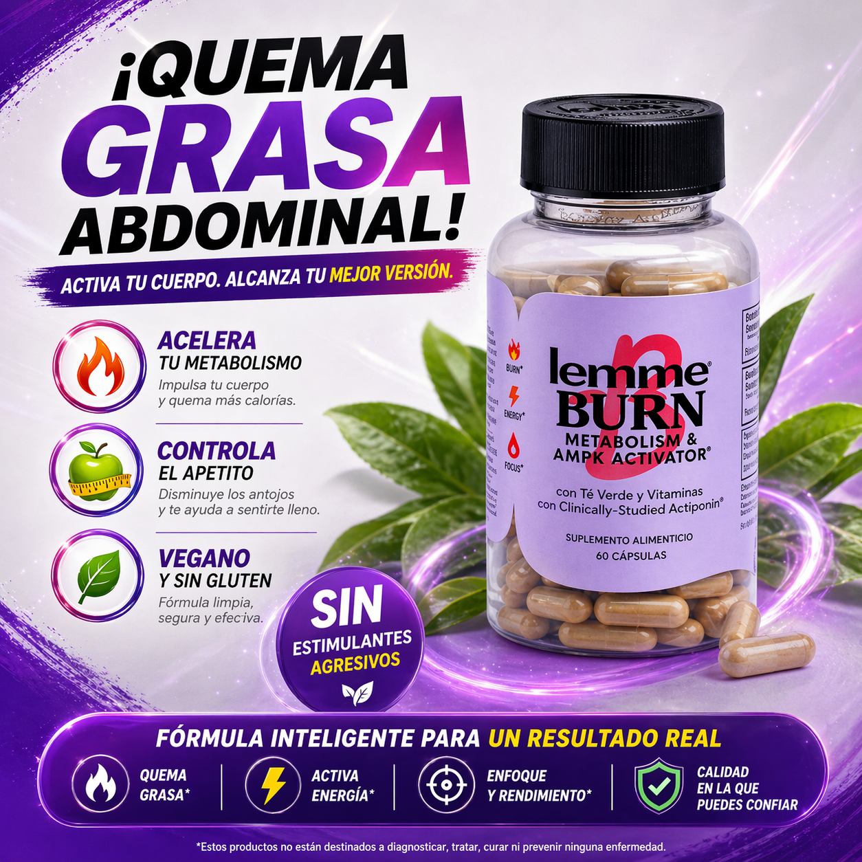 1 Botella Lemme Burn, Quema Grasa, Activa Metabolismo Y Eleva Energía, 60 Cápsulas.
