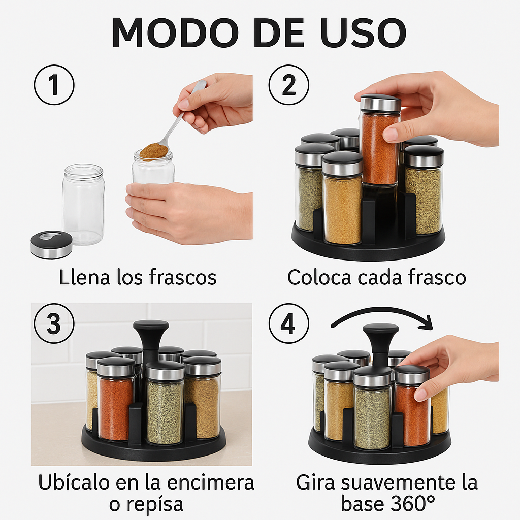 Especiero Giratorio 360° – Mantén tus condimentos al alcance – Cocina ordenada en segundos