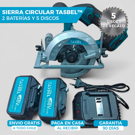 SIERRA CIRCULAR TASBEL™ CON 2 BATERÍAS 98V | INCLUYE 5 DISCOS DE REGALO 🎁