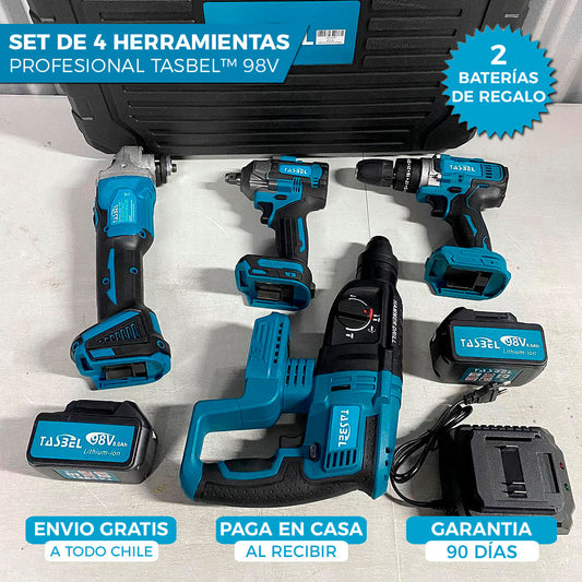 SET PROFESIONAL DE 4 HERRAMIENTAS TASBEL™ 98V | ⚡️ ROTOMARTILLO LLAVE DE IMPACTO ESMERIL Y TALADRO